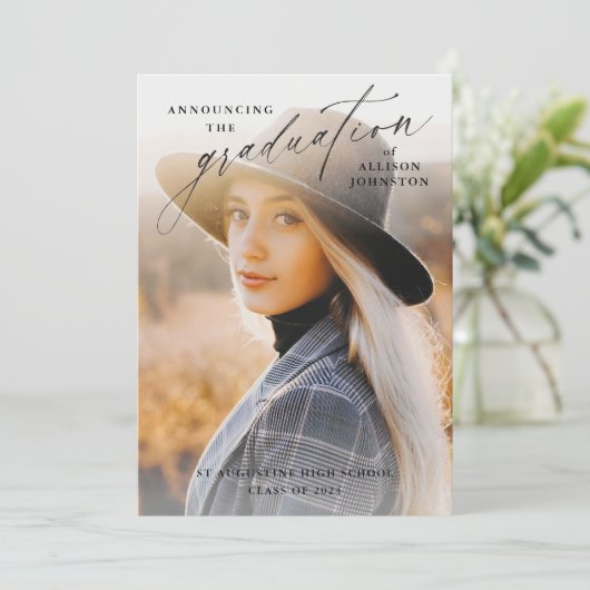 Eleganter Script-Foto-Abschluss Einladung (Stehend Vorderseite)