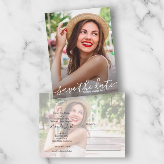 Eleganter Script-Foto-Abschluss Save the Date Postkarte