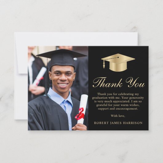 Eleganter Script Foto Black Gold Abschluss Dankeskarte (Vorderseite)