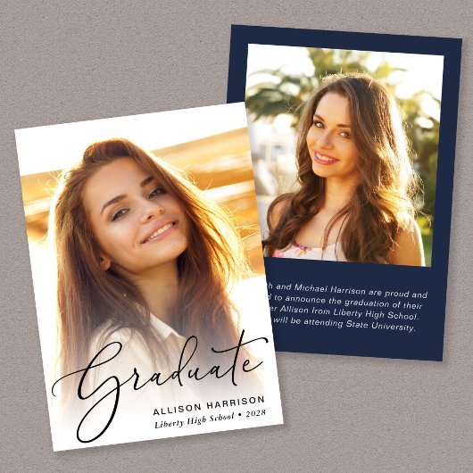 Eleganter Script-Foto Blue Abschluss Ankündigung