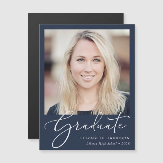 Eleganter Script-Foto Blue Abschluss Magneteinladung (Vorne/Hinten)