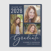 Eleganter Script-Foto Blue Abschluss Magneteinladung (Vorderseite)