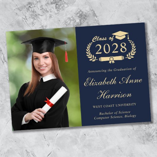 Eleganter Script Foto Blue Gold Uni-Abschluss Ankündigung