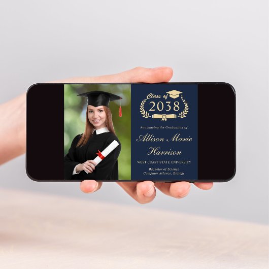 Eleganter Script Foto Blue Gold Uni-Abschluss Ankündigung