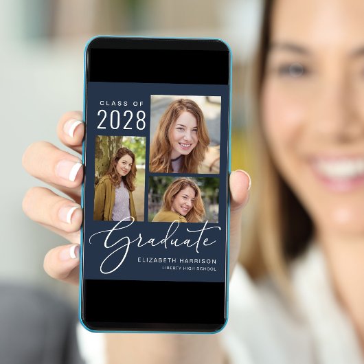 Eleganter Script Foto Collage Blue Abschluss Ankündigung