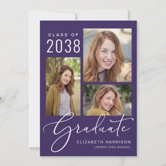 Eleganter Script Foto Collage Lila Abschluss Ankündigung (Vorderseite)
