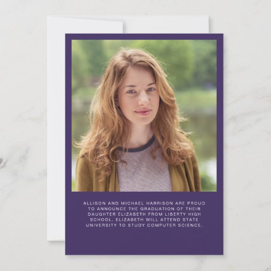 Eleganter Script Foto Collage Lila Abschluss Ankündigung (Rückseite)