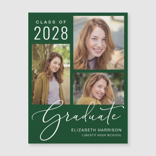 Eleganter Script Foto Green Abschluss Magneteinladung (Vorderseite)