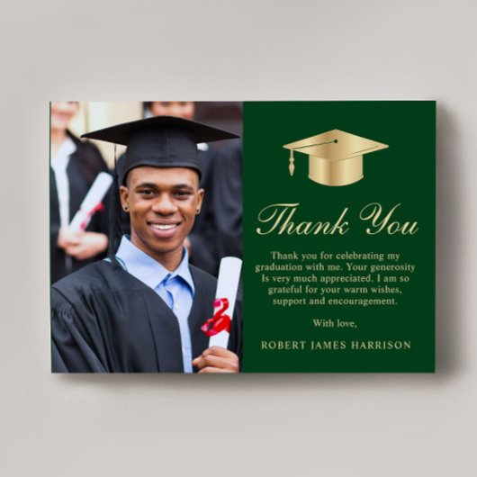 Eleganter Script Foto Green Gold Abschluss Dankeskarte