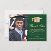 Eleganter Script Foto Green Gold Abschluss Dankeskarte (Vorderseite)