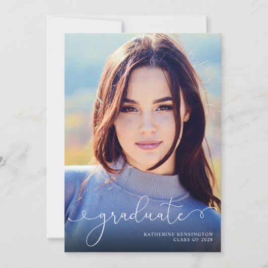 Eleganter Script-Foto Navy Blue Abschluss Ankündigung (Vorderseite)