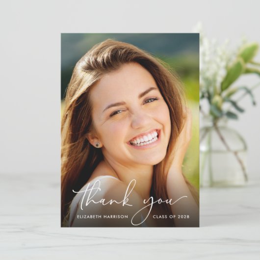 Eleganter Script-Foto-Overlay-Abschluss Dankeskarte (Stehend Vorderseite)