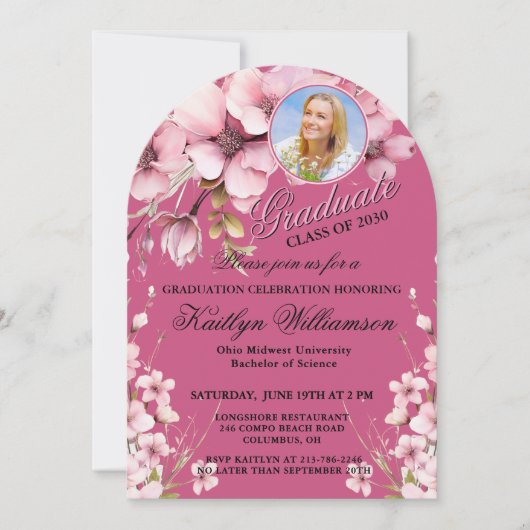 Eleganter Script-Foto Rosa Graduation Party Arch Einladung (Vorderseite)