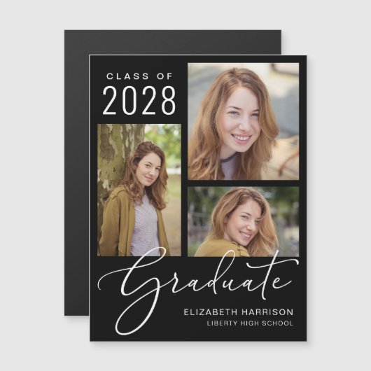 Eleganter Script-Foto Schwarzer Abschluss Magneteinladung (Vorne/Hinten)