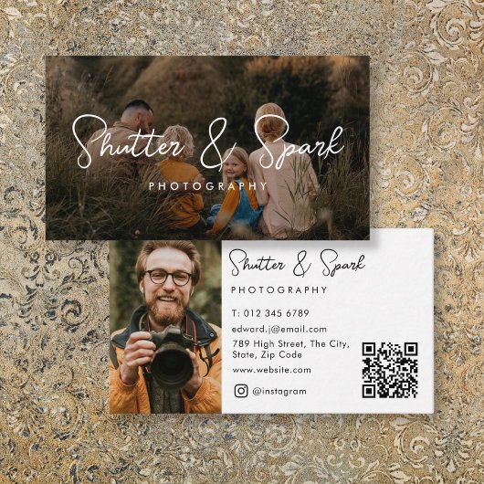 Eleganter Script-Full-Foto-Fotografie QR-Code Visitenkarte