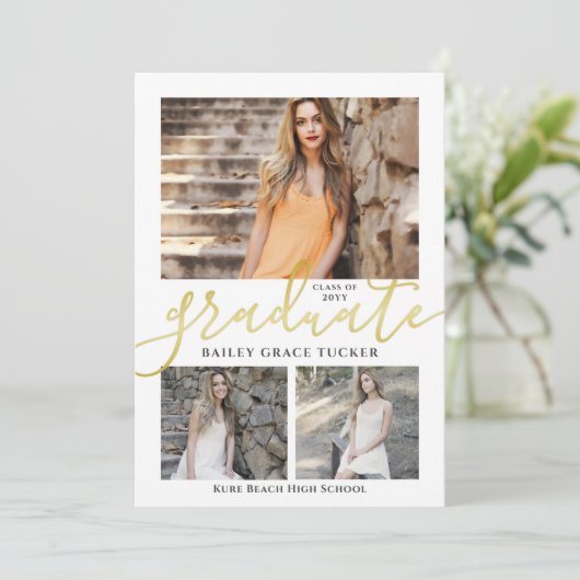 Eleganter Script Gold 3-Foto Collage Abschluss Ankündigung (Stehend Vorderseite)