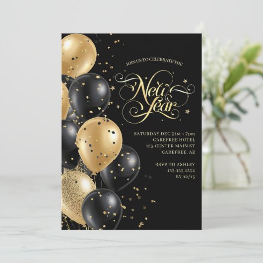 Eleganter Script Gold Black Silvester Einladung (Stehend Vorderseite)
