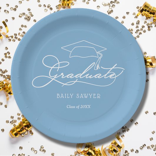 Eleganter Script Grad Cap Powder Blue Abschluss Pappteller