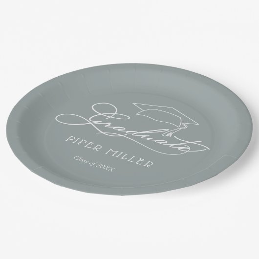 Eleganter Script Grad Cap Silver Gray Abschluss Pappteller (Schrägansicht)