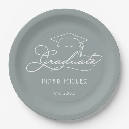 Eleganter Script Grad Cap Silver Gray Abschluss Pappteller (Vorderseite)