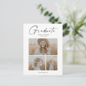 Eleganter Script Graduate Foto Collage Abschluss Einladungspostkarte (Stehend Vorderseite)
