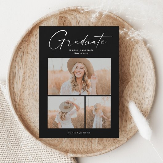 Eleganter Script Graduate Foto Collage Abschluss Magneteinladung