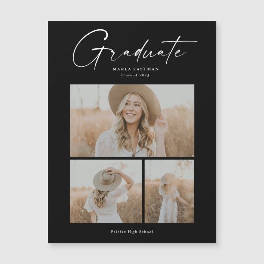 Eleganter Script Graduate Foto Collage Abschluss Magneteinladung (Vorderseite)