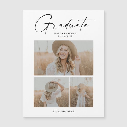 Eleganter Script Graduate Foto Collage Abschluss Magneteinladung (Vorderseite)