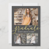 Eleganter Script Gray 3-Foto Collage Abschluss Ankündigung (Vorderseite)