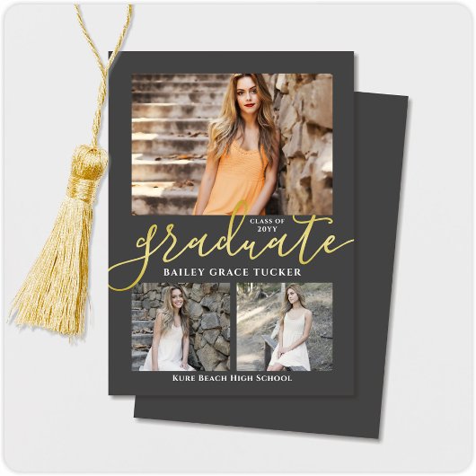 Eleganter Script Gray 3-Foto Collage Abschluss Ankündigung