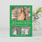 Eleganter Script Green 3-Foto Collage Abschluss Ankündigung (Stehend Vorderseite)
