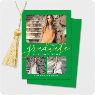 Eleganter Script Green 3-Foto Collage Abschluss Ankündigung
