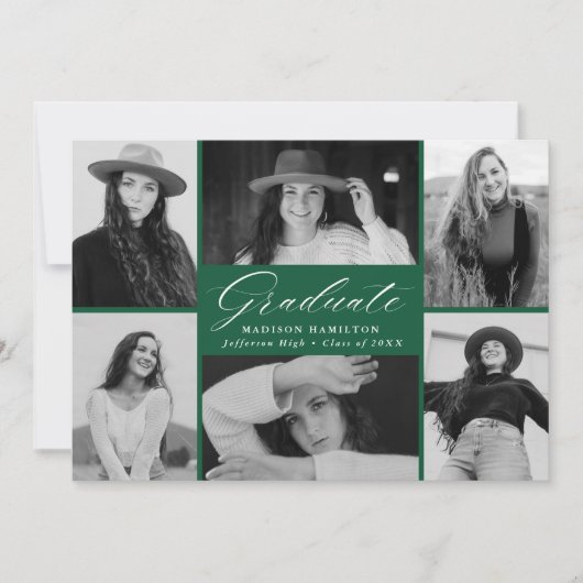 Eleganter Script Green 6 Foto Collage Abschluss Ankündigung (Vorderseite)