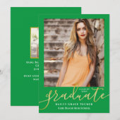 Eleganter Script Green Gold 2-Foto-Abschluss Ankündigung (Vorne/Hinten)