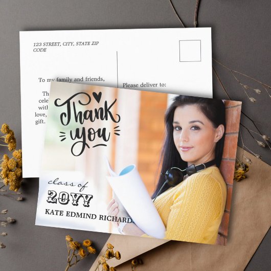 Eleganter Script Heart Foto Abschluss Vielen Dank Postkarte