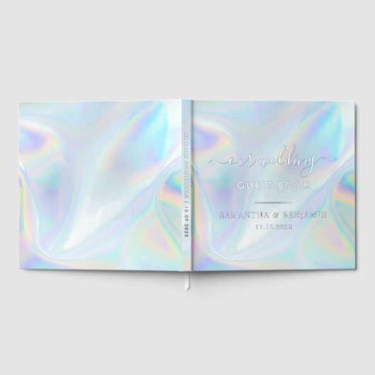 Eleganter Script Holographic Wedding Silver Foil Gästebuch (Voll)