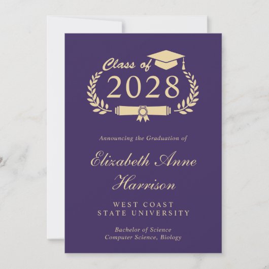 Eleganter Script Lila Gold Uni-Abschluß Ankündigung (Vorderseite)