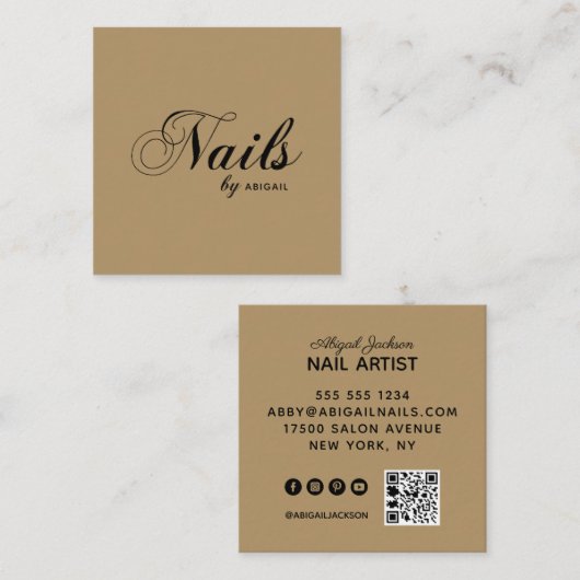 Eleganter Script-Nails nach Name QR-Code Minimalis Quadratische Visitenkarte (Vorne/Hinten)