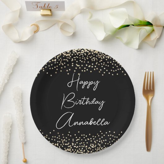 Eleganter Script Name Black & Gold Glitzer Geburts Pappteller (Hochzeit)