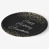 Eleganter Script Name Black & Gold Glitzer Geburts Pappteller (Schrägansicht)