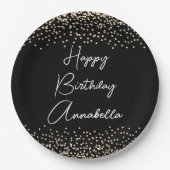 Eleganter Script Name Black & Gold Glitzer Geburts Pappteller (Vorderseite)