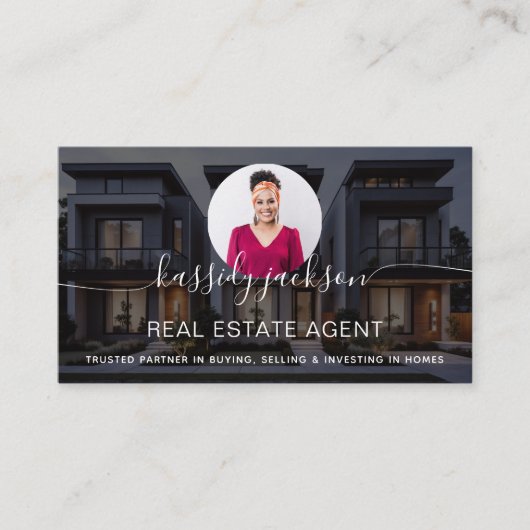 Eleganter Script Name Circle Business Foto QR Code Visitenkarte (Vorderseite)