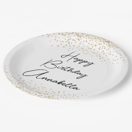 Eleganter Script Name Gold Glitzer Happy Birthday Pappteller (Schrägansicht)