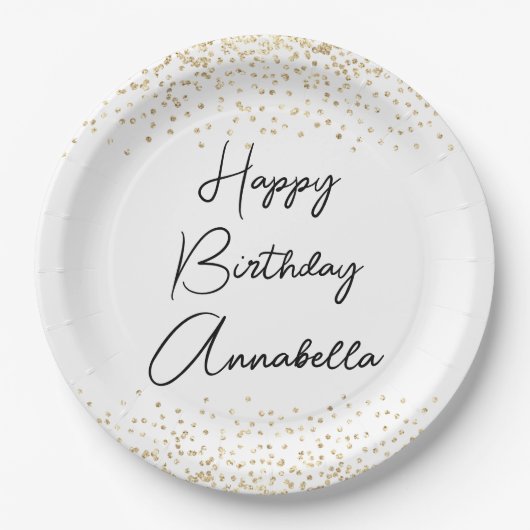 Eleganter Script Name Gold Glitzer Happy Birthday Pappteller (Vorderseite)