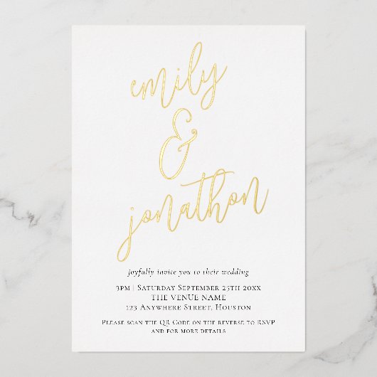 Eleganter Script-Namen QR-Code Hochzeit Real Foil Folieneinladung (Vorderseite)