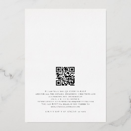 Eleganter Script-Namen QR-Code Hochzeit Real Foil Folieneinladung (Rückseite)