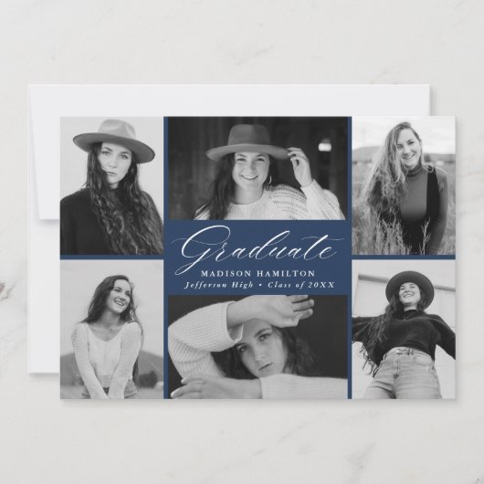 Eleganter Script Navy 6 Foto Collage Abschluss Ankündigung (Vorderseite)