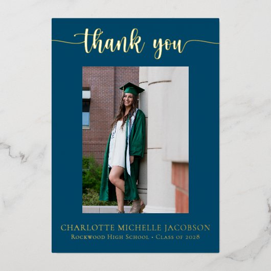 Eleganter Script Navy Blue Gold Foto Abschluss Folieneinladung (Vorderseite)