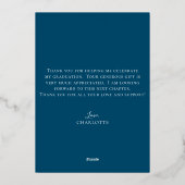 Eleganter Script Navy Blue Gold Foto Abschluss Folieneinladung (Rückseite)