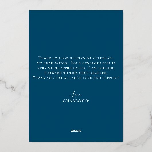 Eleganter Script Navy Blue Gold Foto Abschluss Folieneinladung (Rückseite)